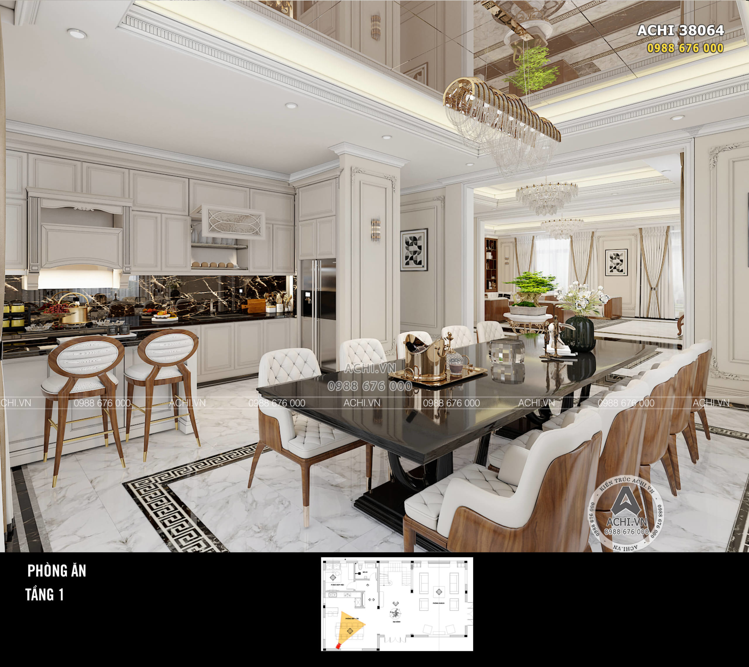 Thiết kế nội thất phòng bếp ăn kiến trúc tân cổ điển