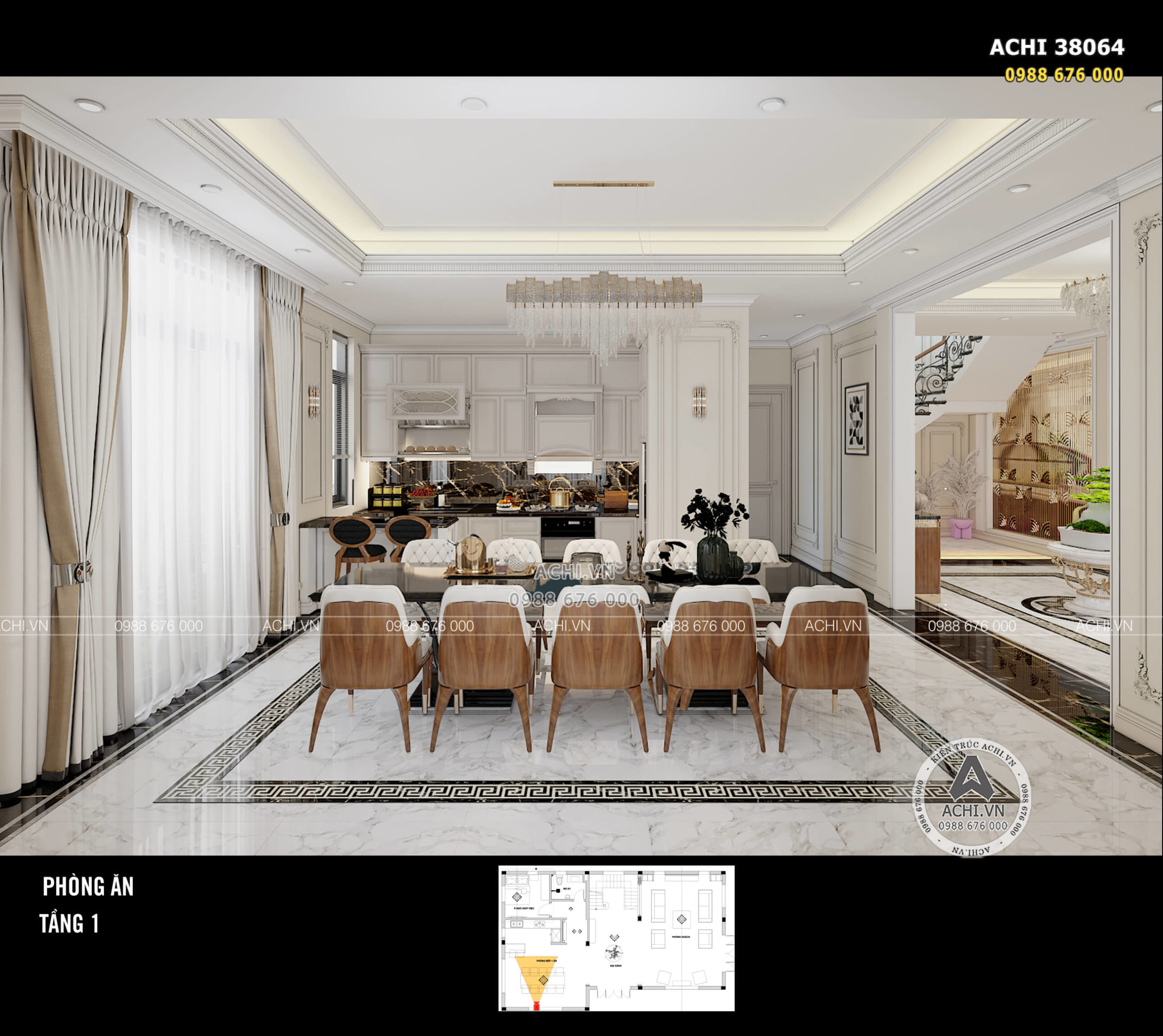 Thiết kế nội thất phòng bếp ăn kiến trúc tân cổ điển