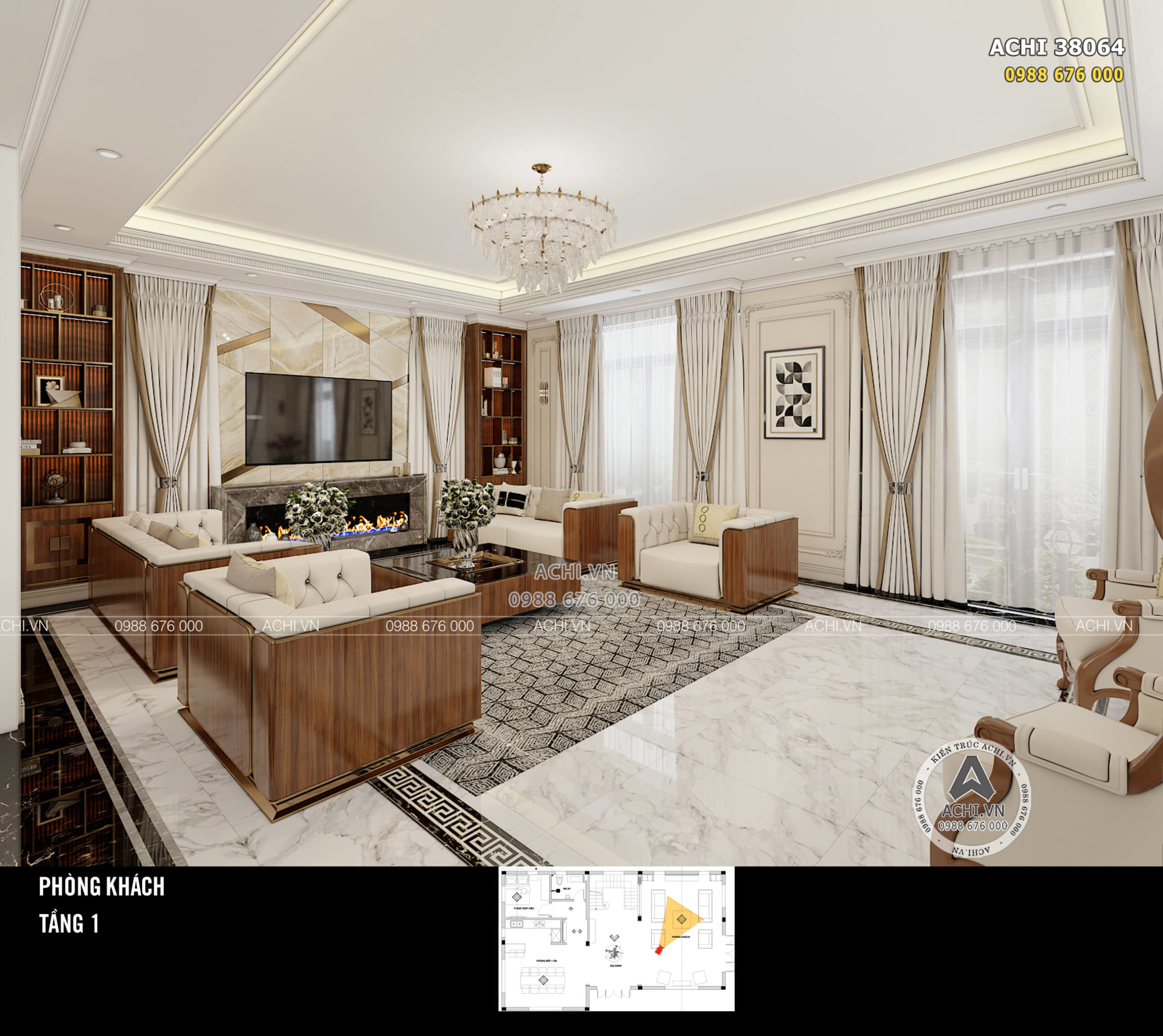 Thiết kế nội thất phòng khách kiến trúc tân cổ điển đẹp