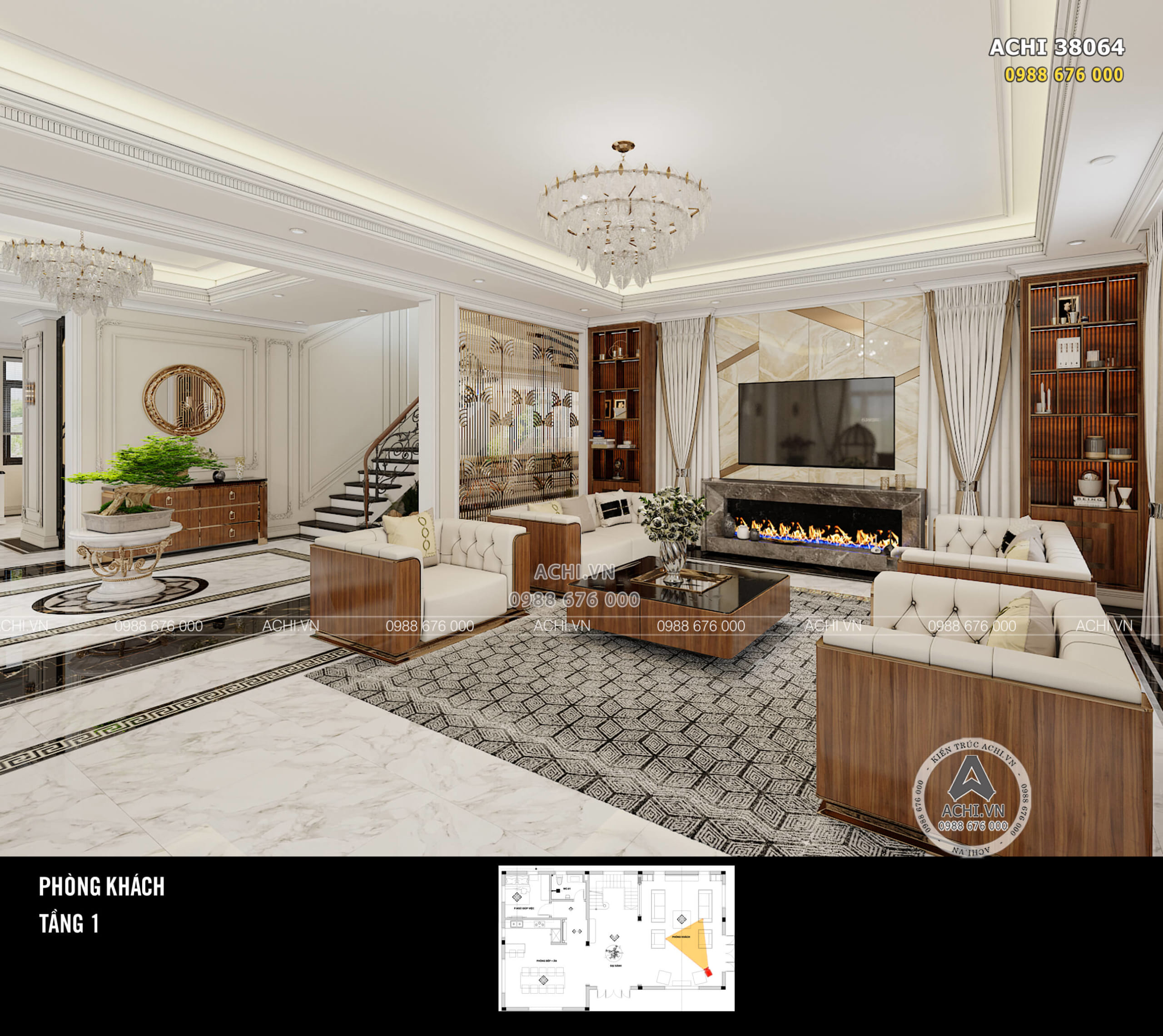 Thiết kế nội thất phòng khách kiến trúc tân cổ điển đẹp