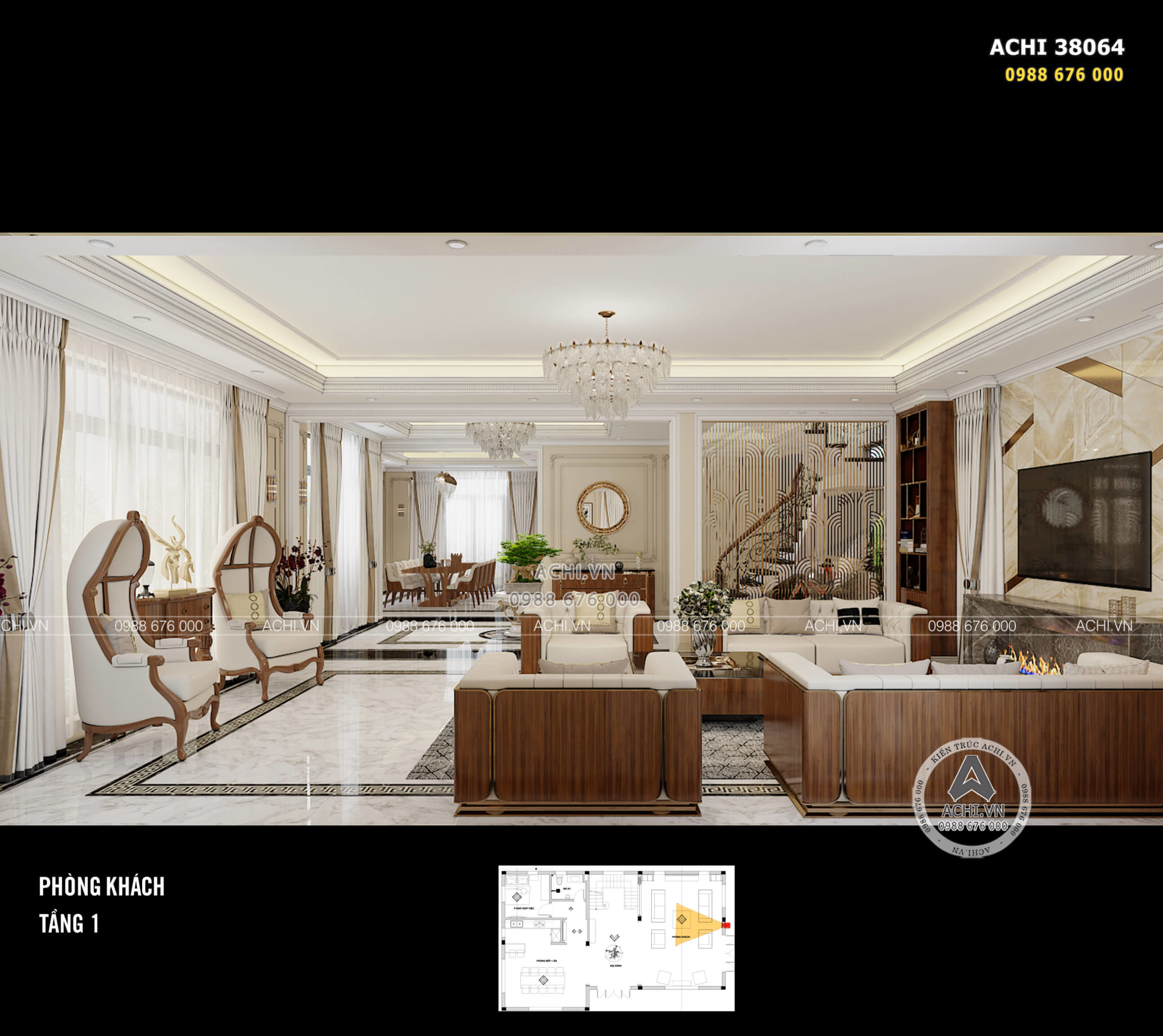 Thiết kế nội thất phòng khách kiến trúc tân cổ điển đẹp