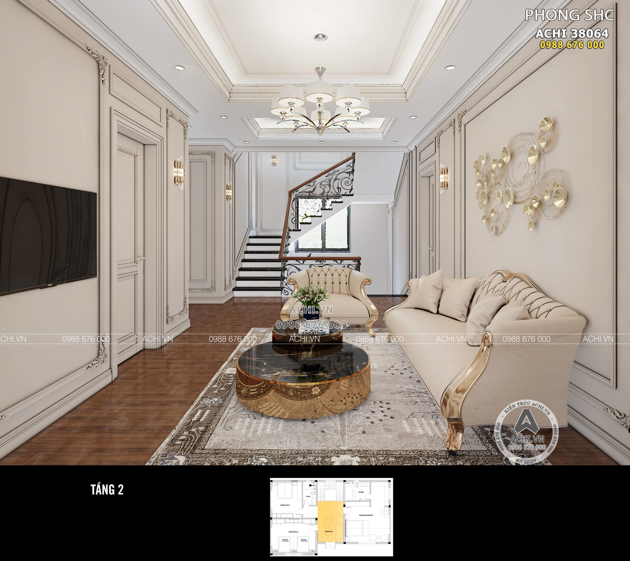 Thiết kế nội thất sảnh chờ tầng 2 kiến trúc tân cổ điển đẹp