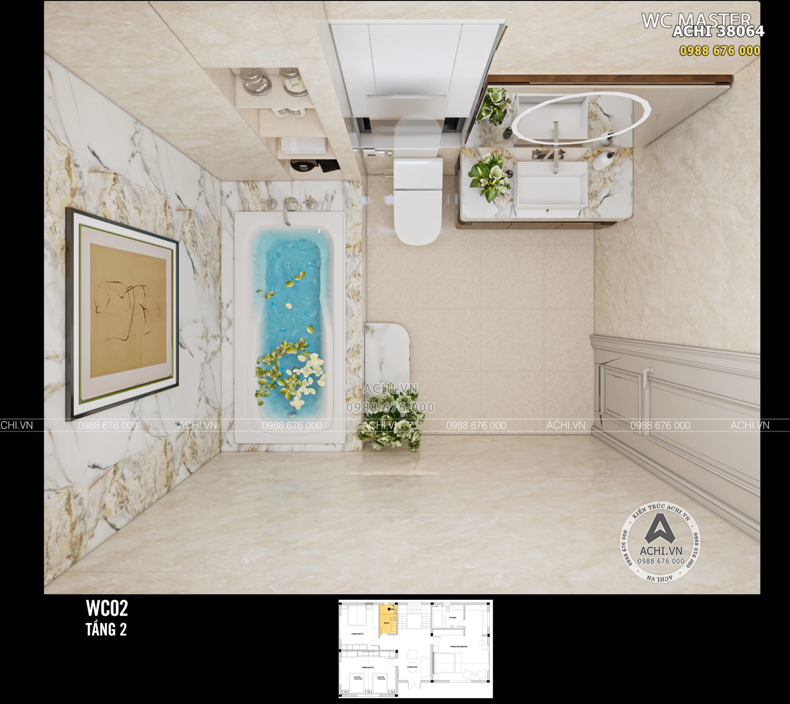 Thiết kế nội thất nhà vệ sinh tầng 2 kiến trúc tân cổ điển đẹp