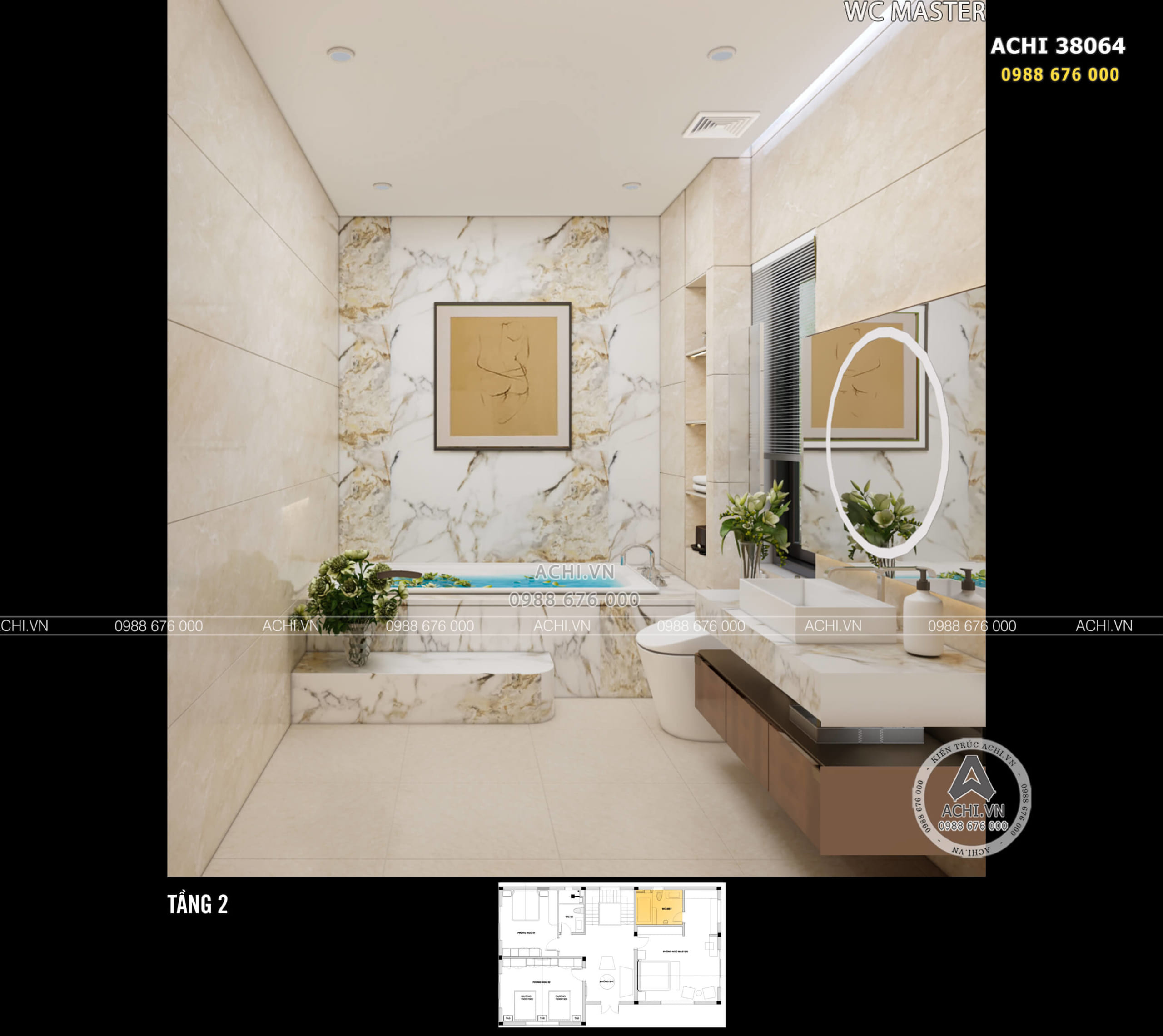 Thiết kế nội thất nhà vệ sinh tầng 2 kiến trúc tân cổ điển đẹp